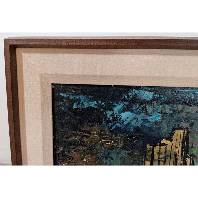 Blue Large Signed Mid-Century Modern Harbor Scene Oil Painting, Palette Knife Maritime Cityscape For Sale - Image 8 of 9