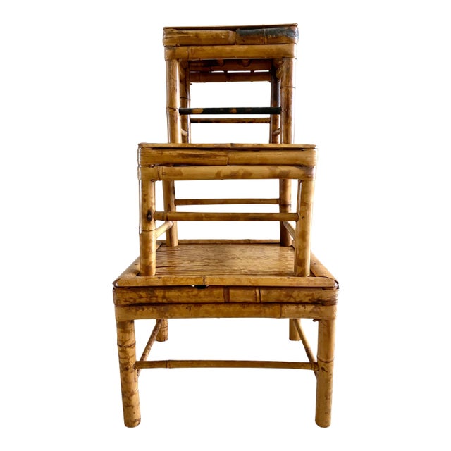 Vintage Bamboo Nesting Stools Rattan Plant Risers - Set of 3 For Sale