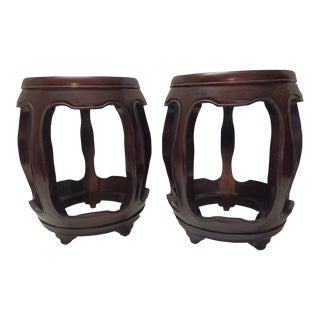 Late 20th Century Pair of Vintage Rosewood Chinese Drum Stools For Sale