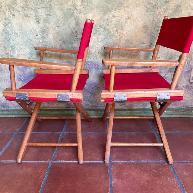 Wood Vintage Gold Medal Walnut Directors Chairs X-Base a Pair New Covers For Sale - Image 7 of 12