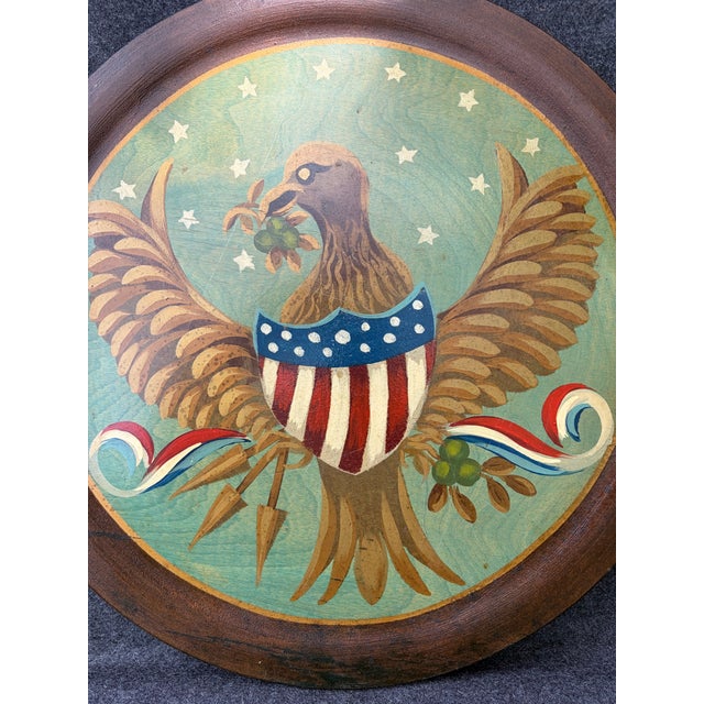 Vintage Round Wooden Hand Painted Eagle With Shield Wall Decor For Sale - Image 10 of 13