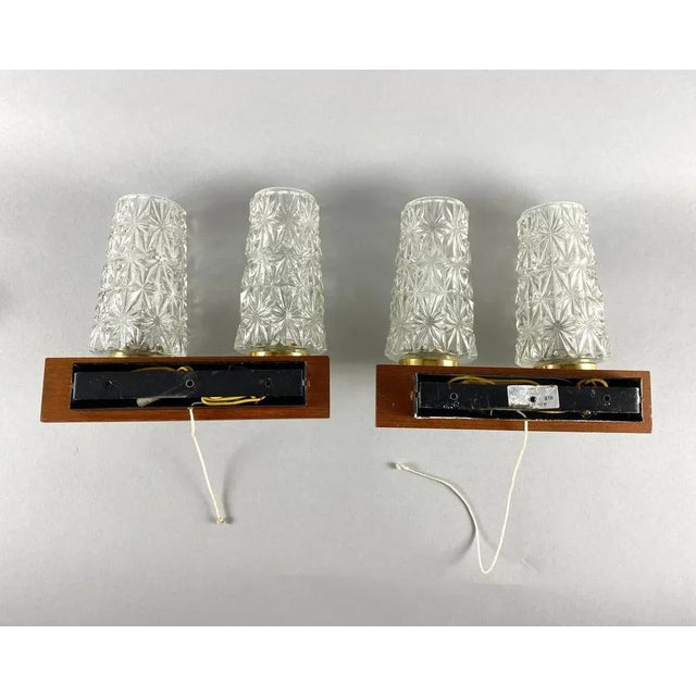 Double Arm Wall Lights with Cylindrical Glass Shades and Wooden Bases, Germany, Set of 2 For Sale - Image 4 of 10