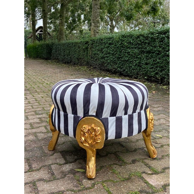 1990s French Louis XVI Gilded Ottoman Bench in Black & White Striped Velvet, Refinished For Sale - Image 10 of 10