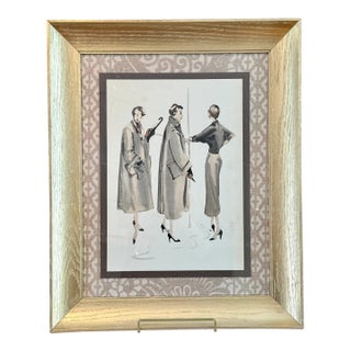 Mid 20th Century Catherine Figart Vogue Watercolor Fashion Illustration on Cowtan and Tout in Gold Frame For Sale