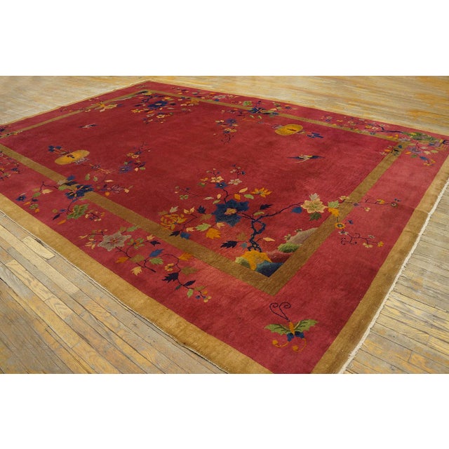 Stunning Red-Raspebery Background Color With Colorful Floral Design Antique Chinese Art Deco Rug For Sale In New York - Image 6 of 10