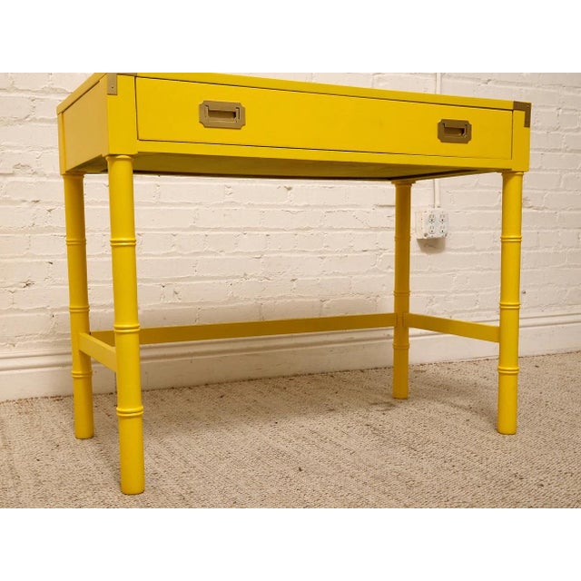 Vintage Hollywood Regency Yellow Campaign Writing Desk For Sale - Image 9 of 11
