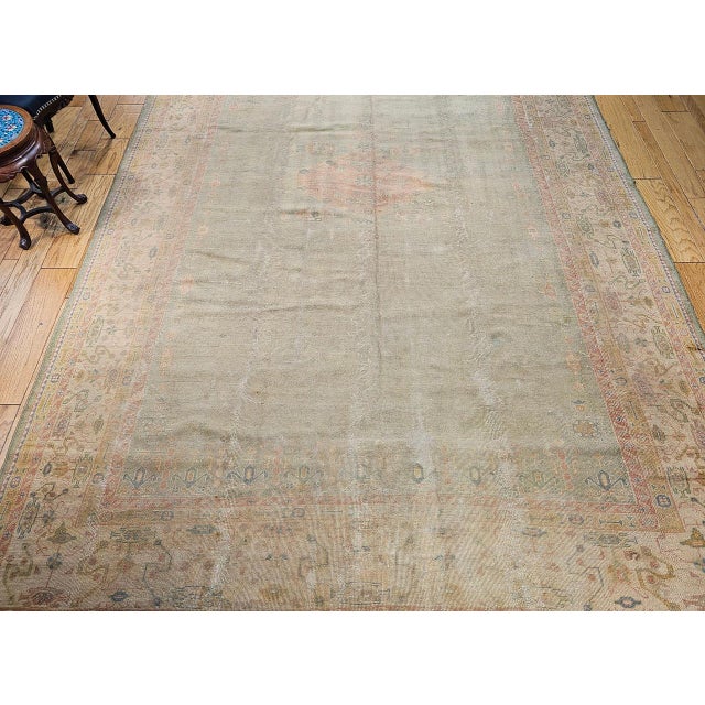 Turkish Vintage Turkish Oushak Hand-Knotted Rug in Open Geometric Pattern in Pale Green, Yellow, Pink For Sale - Image 3 of 17