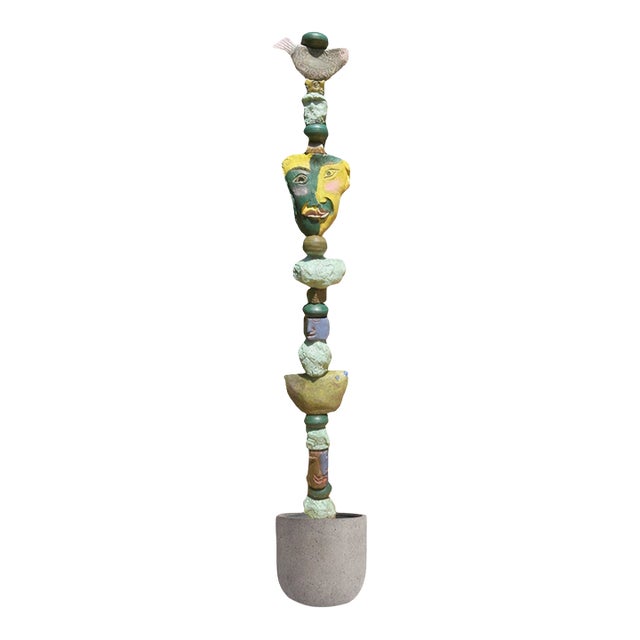 Marc Zimmerman "Green Symphony" Glazed Ceramic Totem, 80 Inches Tall, Deep Green and Gold Glaze, Face Element, Contemporary Art West Coast For Sale