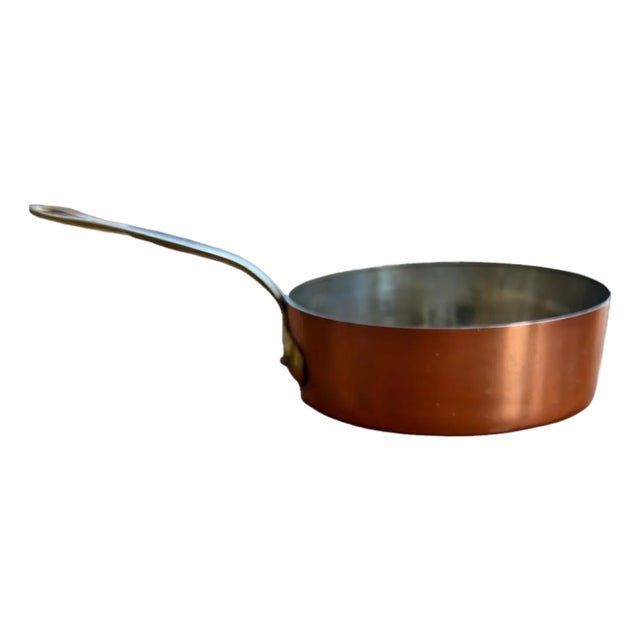 Vintage Villedieu ML France Copper Sauté Pan 6.5” Tin Lined Brass Handle For Sale