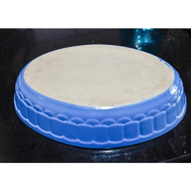 White Vintage French Blue & White Oval Ceramic Baking Dish | Embossed Scallop Pattern | 11" Stoneware Baker | French Pottery | Farmhouse Quiche For Sale - Image 8 of 9
