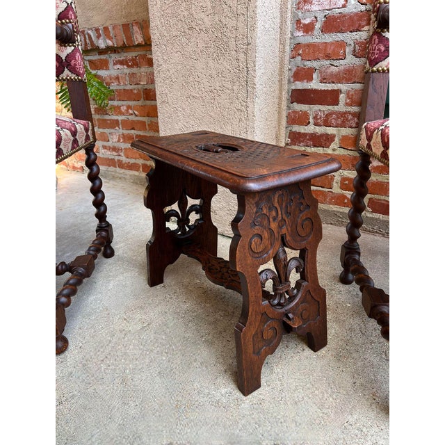 French Country Antique French Bench Stool Gothic Renaissance Carved Oak Trestle Fleur De Lis For Sale - Image 3 of 12