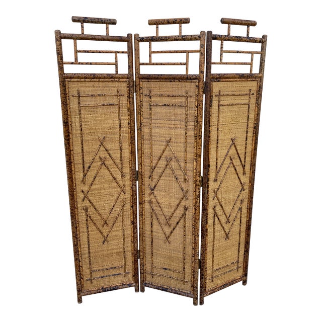 Three-Panel Bamboo and Rattan Room Divider For Sale