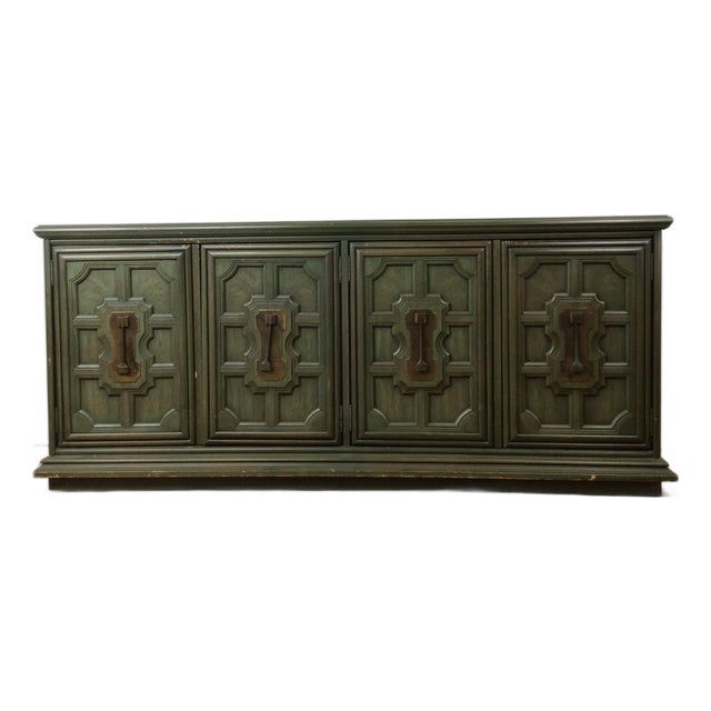 Mid Century Modern Jade Credenza With Unique Brass Hardware For Sale
