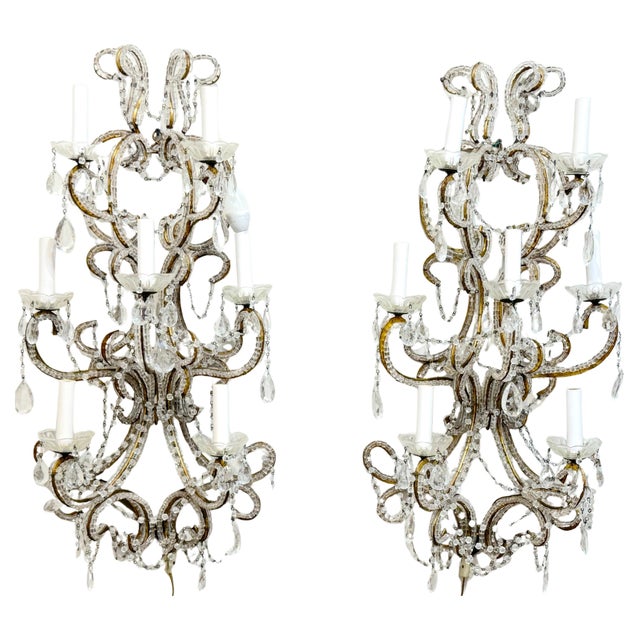 Large Pair of Maria Theresa Style Crystal 7-Light Wall Sconces, Italy, Circa 1950s An impressive pair of Italian Maria...