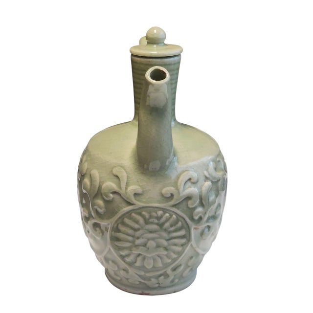 Stunning vintage Thai celadon ewer in Yaozhou style, made by Mengrai Kilns, Chiang Mai. Excellent condition, crackle...