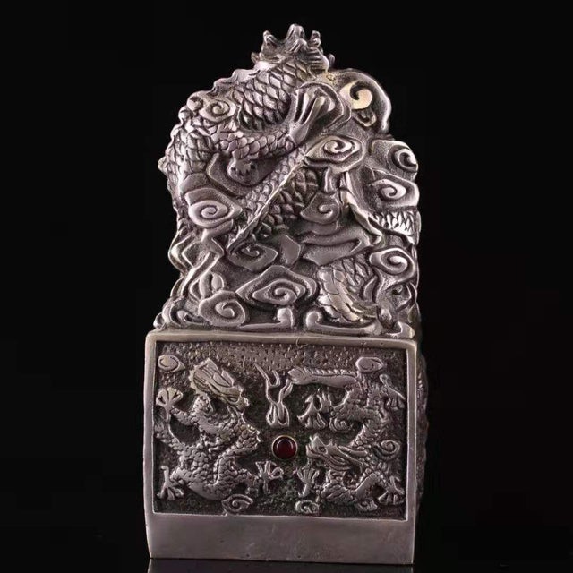 1960s Large Chinese Dragon Seal Sculpture - Antiqued Metal Desk Statue With Green Stone Inlay For Sale In Los Angeles - Image 6 of 9