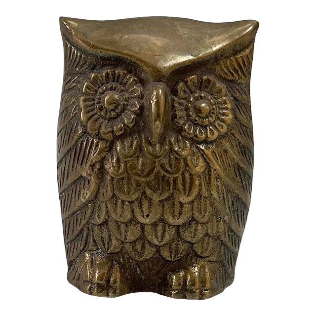 Mid-Century Vintage Brass Owl Paper Weight For Sale
