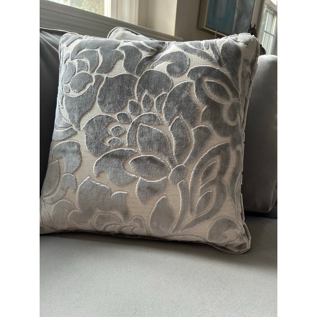 Brand new down-filled pillows made from heavyweight velvet upholstery fabric. Beautiful gray and white large flower...