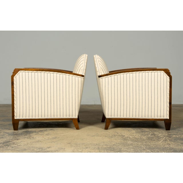 Pair of 1930s French Art Deco Oak Lounge Chairs in Blue Striped Fabric For Sale - Image 10 of 17