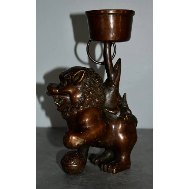 Vintage Chinese Bronze Foo Dog Candle Holder For Sale - Image 10 of 13