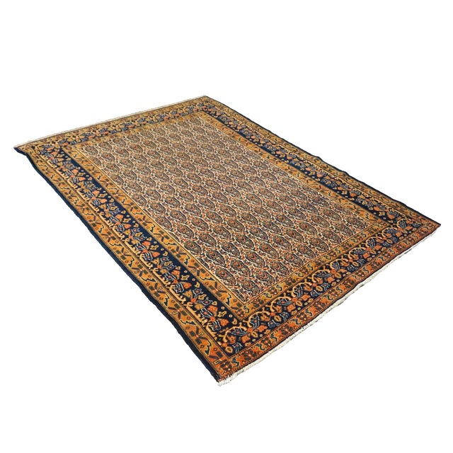 Early 20th Century Antique Persian Senneh Wool 4x6 Navy, Gold & Orange Handmade Area Rug #1143202 For Sale - Image 5 of 7