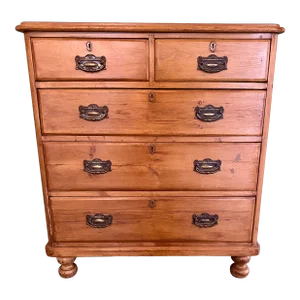 Antique Pine 2 Over 3 Chest of Drawers With Ornate Brass Hardware With Fantastic Patina From England - Circa 1880