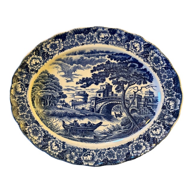 1800s English Traditiona Blue Willow Transferware Oval Platter For Sale