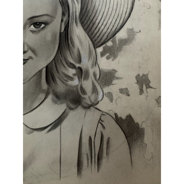 American 1940s Original Signed Graphite Illustration of Young Girl in Wide-Brimmed Hat, 13.75 × 11 In. For Sale - Image 3 of 8
