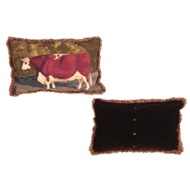 Antique French Needlepoint Shorthorn Ox Tapestry Pillow - 02'09 X 01'09 For Sale - Image 10 of 10