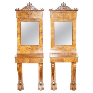 Antique Regency Walnut Console Tables with Mirrors, 1815, Set of 2 For Sale