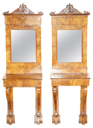 Antique Regency Walnut Console Tables with Mirrors, 1815, Set of 2