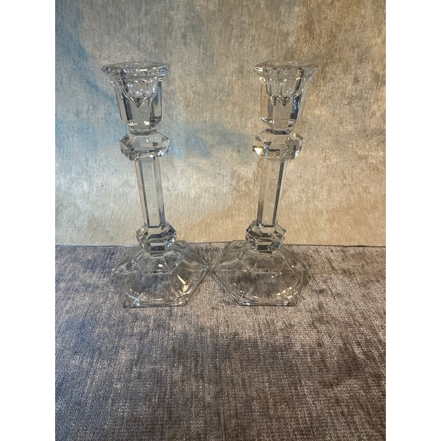 Attributed to Gardenia by VAL ST LAMBERT 2 8” Candlesticks from the 1970’s Hollywood recency, cut block crystal, or art...