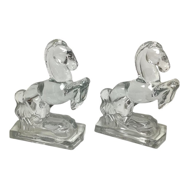 1950s Mid-Century Modern Glass Rearing Horse Bookends Pair by l.e. Smith For Sale
