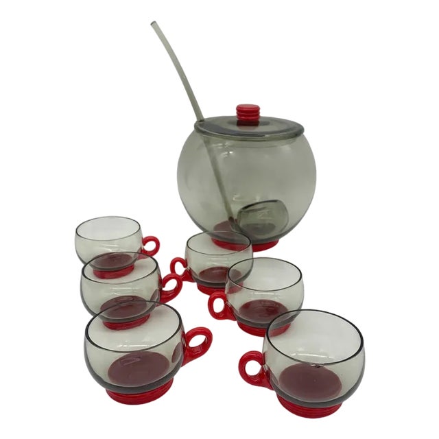 Vintage Caraffa & Glass Cups attributed to Venini, 1930s, Set of 7 For Sale