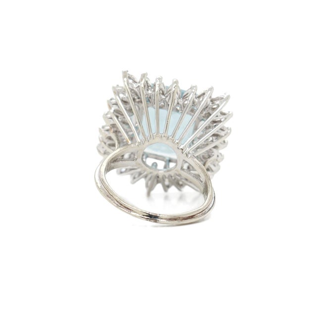 Aqua Mid-Century 14k White Gold, Aquamarine, & Marquise Diamond Halo Cocktail Ring For Sale - Image 8 of 10