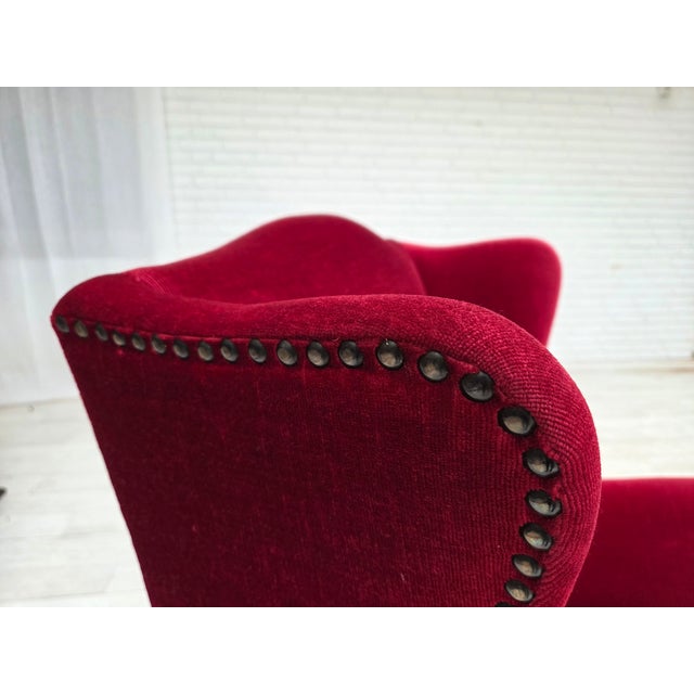 Wood Danish Highback Armchair in Red Velour and Ash, 1970s For Sale - Image 7 of 18