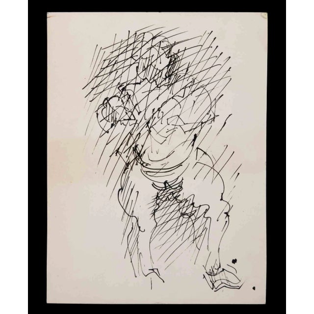 Figure is an original black marker drawing realized by William Richard in mid-20th century. Good condition on a cream...