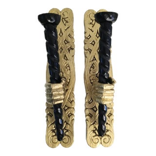 Vintage Carved Wood Hand Holding Candle Stick Gold Black Wall Decor- a Pair For Sale