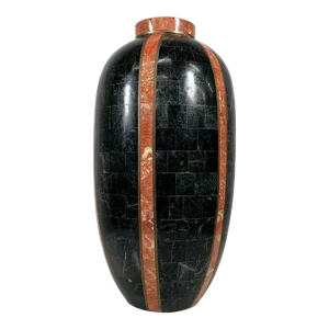 1980s Style Maitland Smith Tessellated Stone Vase Black and Tan Brass Inlay