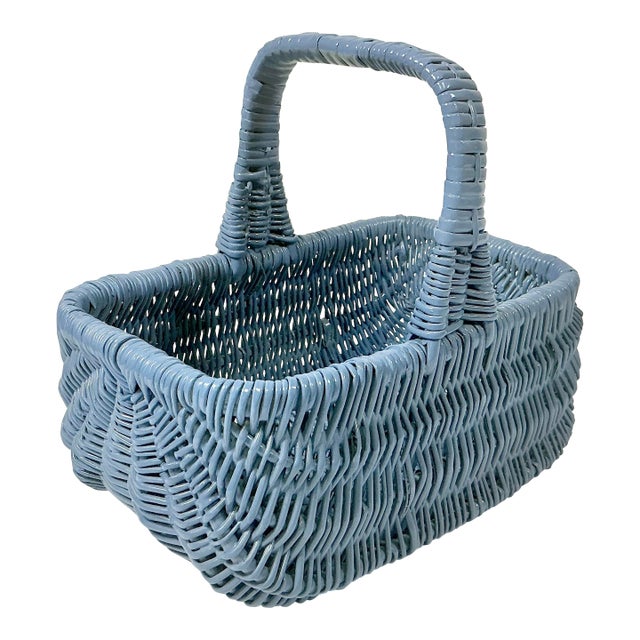 Mid-Century Boho Chic Coastal French Blue Wicker Tabletop Basket For Sale