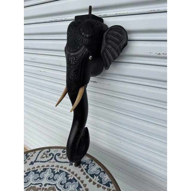 English Late 20th Century Handcrafted Dark Wood Elephant With Resin Tusk Sculpture For Sale - Image 3 of 9