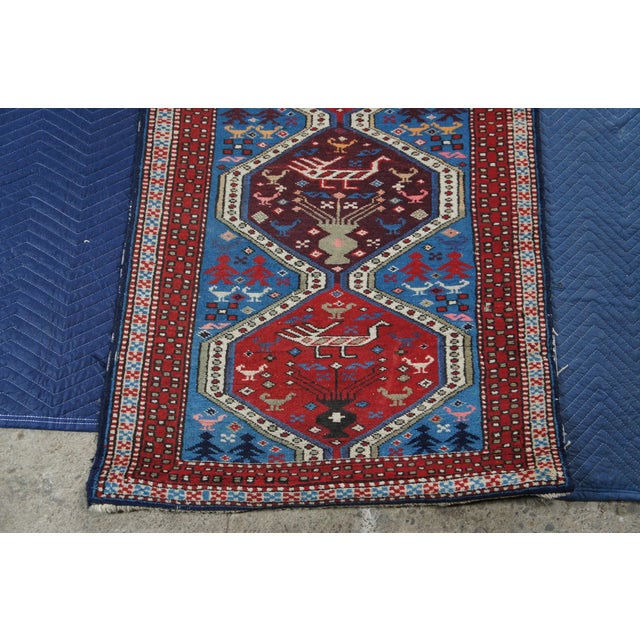 Hand Knotted Wool Geometric Diamond Medallion Tribal Animal Rug Runner 3' X 12' For Sale - Image 6 of 14