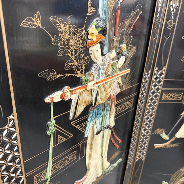 Asian Black Lacquer Four-Panel Folding Screen, Vintage For Sale - Image 16 of 16