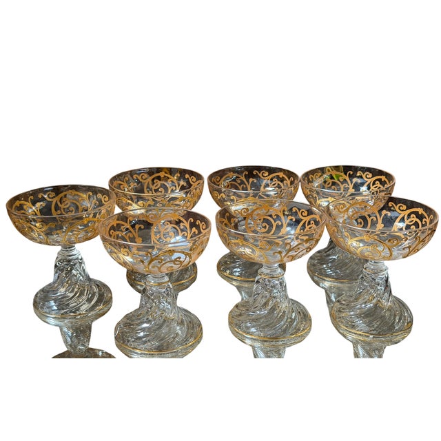 1920s 1920s Saint Louis Gilded French Crystal Cluny Pattern Champagne Coupes - Set of 7 For Sale - Image 5 of 5