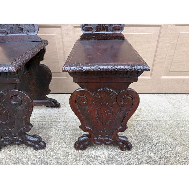 Brown Antique 19th Century Italian Renaissance Hand Carved Walnut Hall Chairs, Pair For Sale - Image 8 of 10