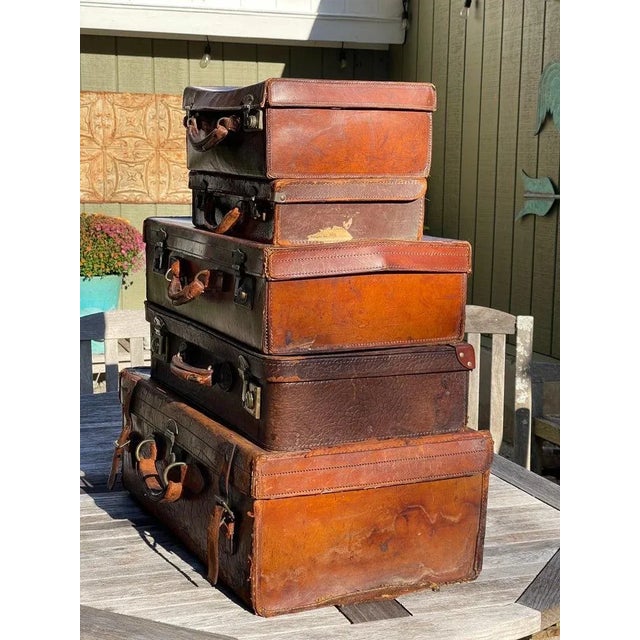 Brown Stacked Set of Five Antique Leather Suitcases or Trunks For Sale - Image 8 of 18