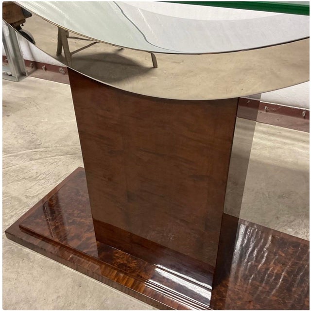 Late 20th Century Vintage Mid-Century Modern Sculptural Glass Console Table With a Burl Wood Veneer Pedestal & Chrome Base For Sale - Image 5 of 7