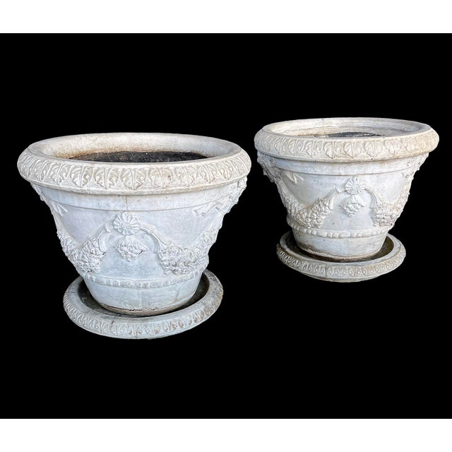 Sculpture Materials Large Pair Neoclassical Style Cast Stone Planters With Undertrays For Sale - Image 7 of 9