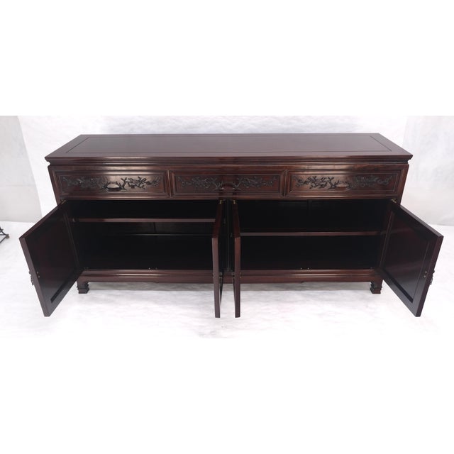 Mid-Century Modern Asian Mid Century Modern Carved 4 Doors 3 Drawers Credenza Dark Solid Teak MINT For Sale - Image 3 of 16