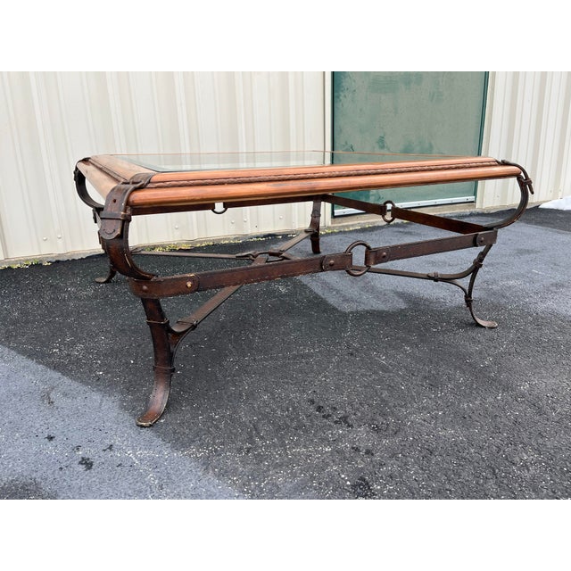 Late 20th Century Adnet Hermes Forged Faux Leather Strap Equestrian Coffee Table For Sale - Image 5 of 12